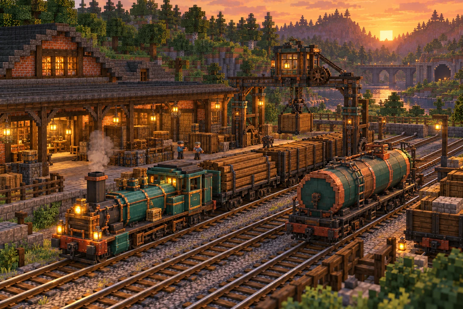 Illustrierter Blockwelt-Güterbahnhof mit türkisfarbener Lok, Kisten, Tankwagen und einem Verladekran