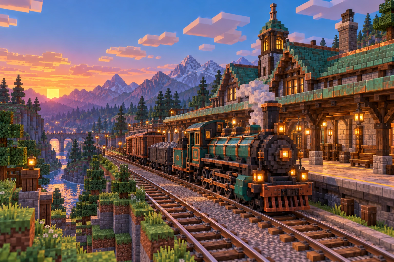 Illustrierte Minecraft-inspirierte Blockwelt mit Bahnhof, Zug und Schienen in einer Landschaft